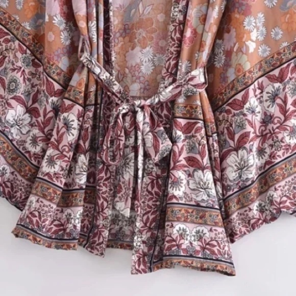 Pink Boho Multi Color Floral Short Kimono Wrap Top - Picture 3 of 3